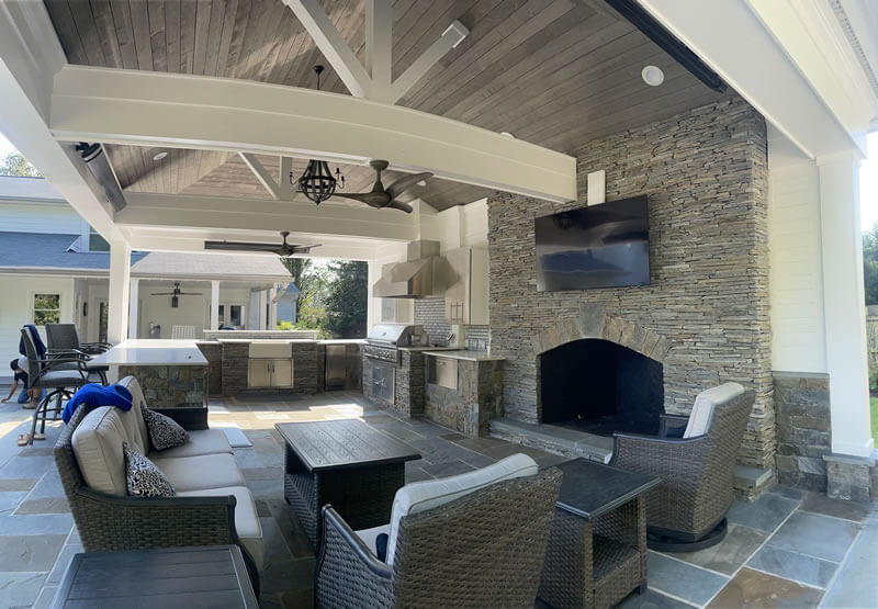 Outdoor kitchen with fireplace